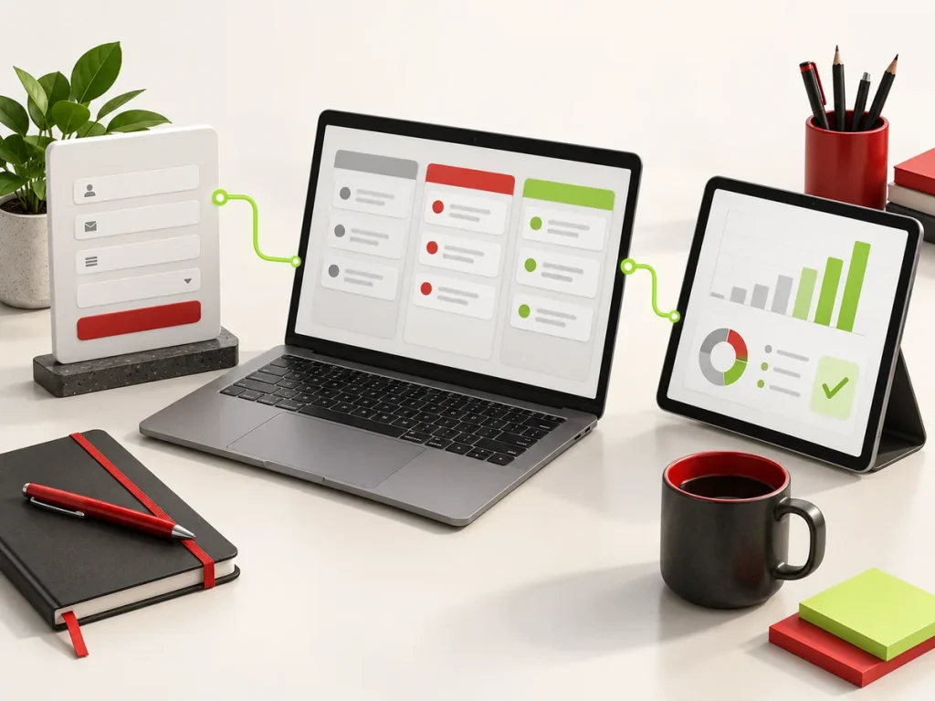Illustration linking an intake form, a task board and a report through one connected digital workflow.