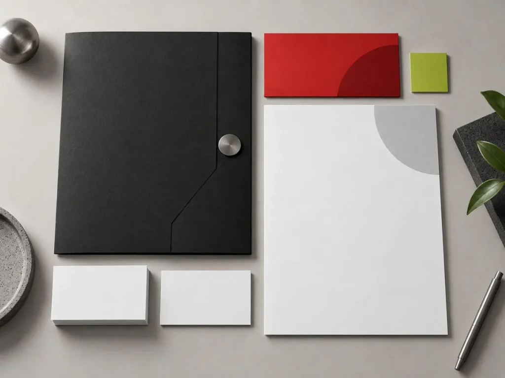 Illustration of stationery and colour samples for a brand identity system.