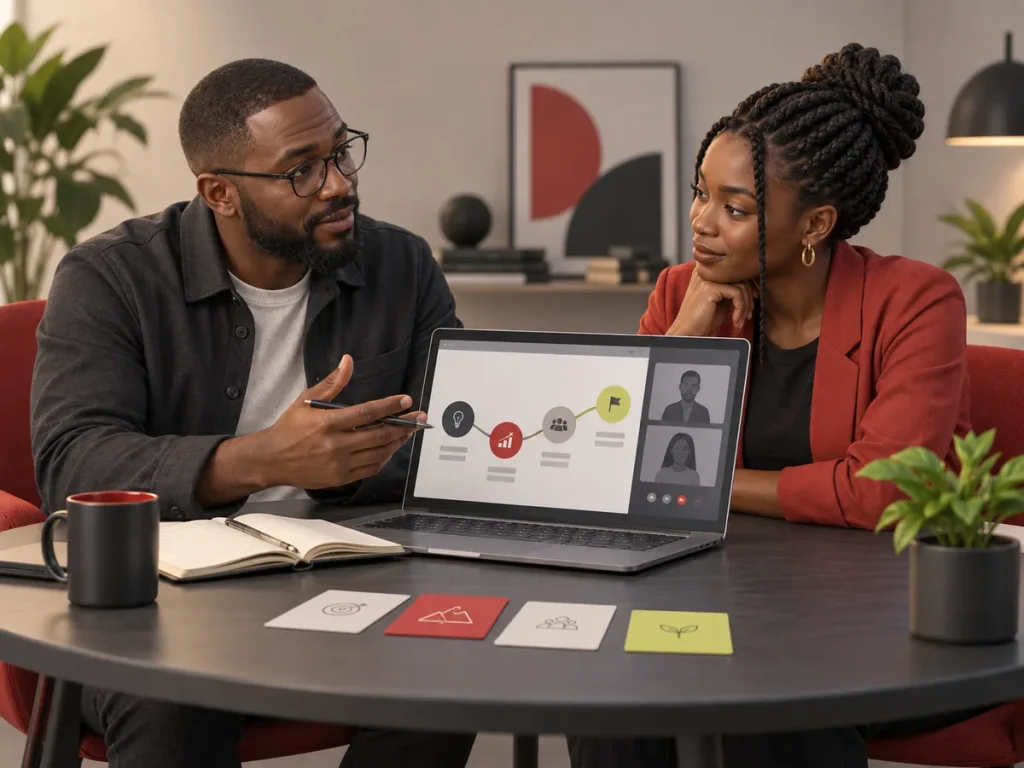 Illustration of an adviser and a founder discussing a business roadmap.