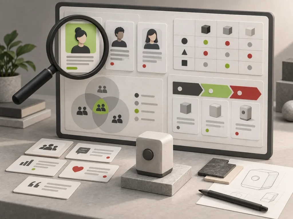 Illustration of customer profiles, competitor comparisons and a product roadmap.