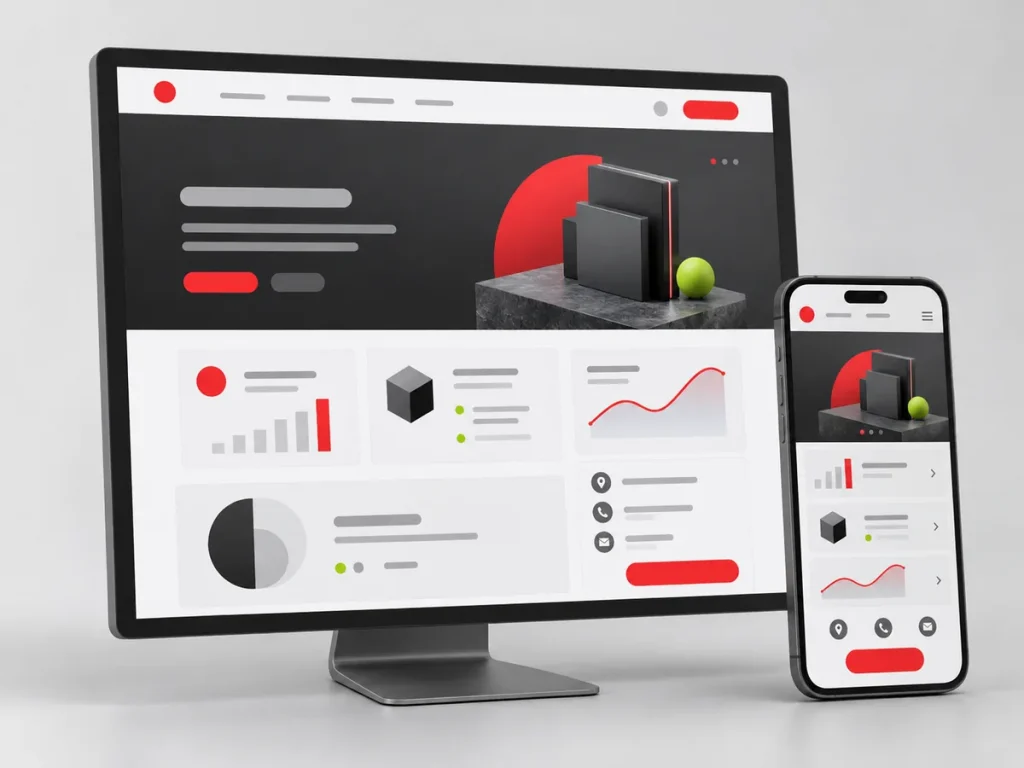Illustration of coordinated website and mobile app interface layouts.